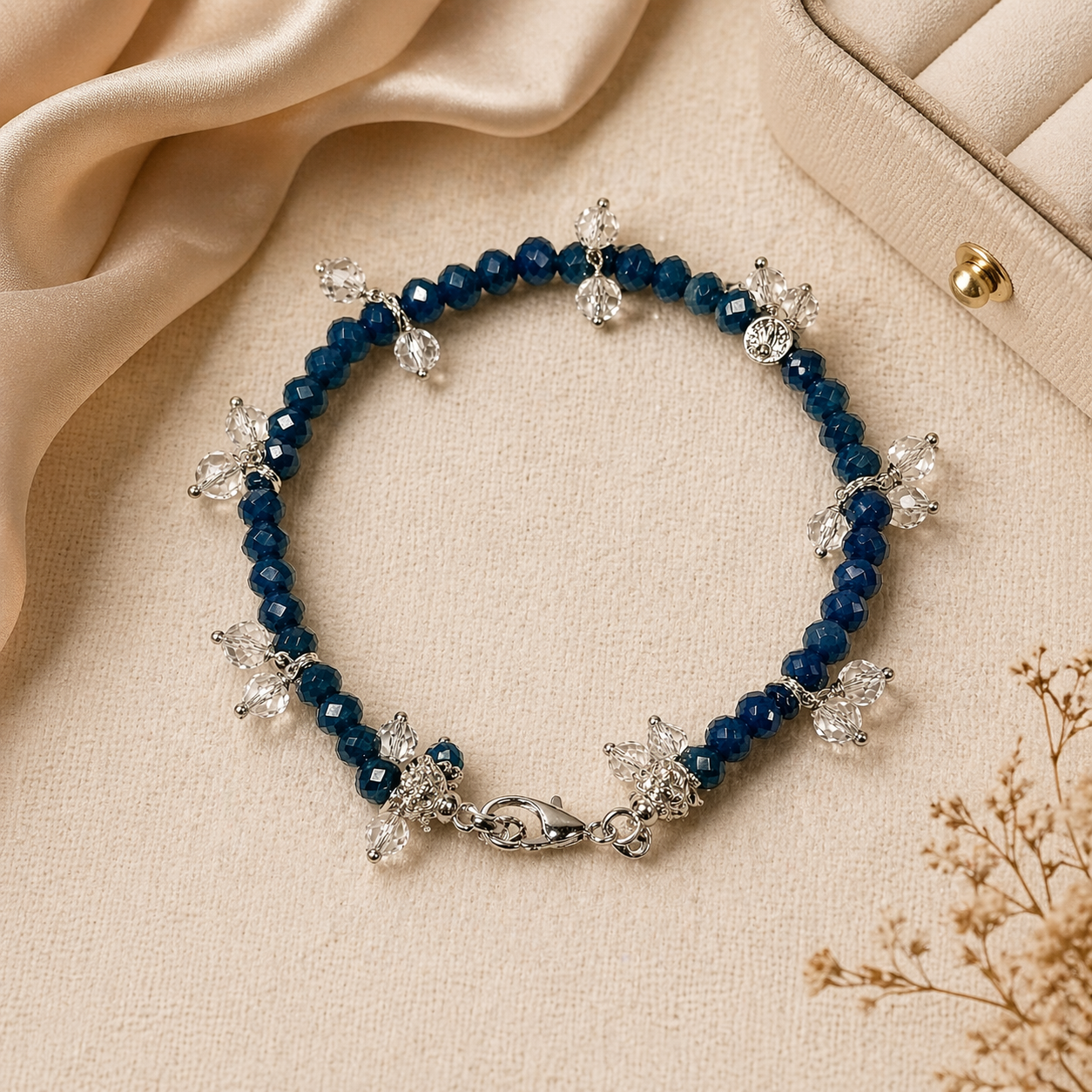 Handmade Blue Crystal Bangles Pair Set with Silver Charms – Matching Jewelry Gift for Women