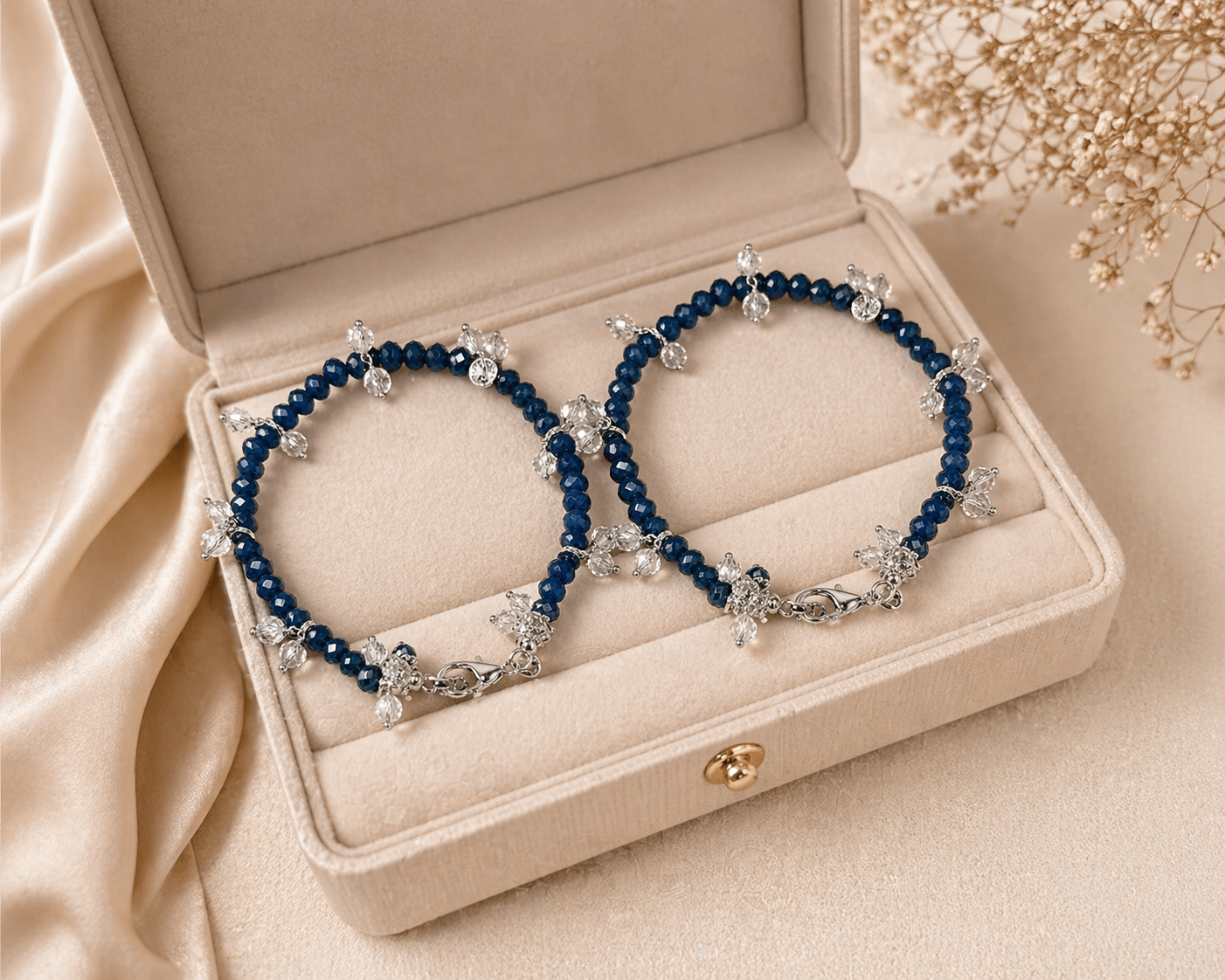 Handmade Blue Crystal Bangles Pair Set with Silver Charms – Matching Jewelry Gift for Women