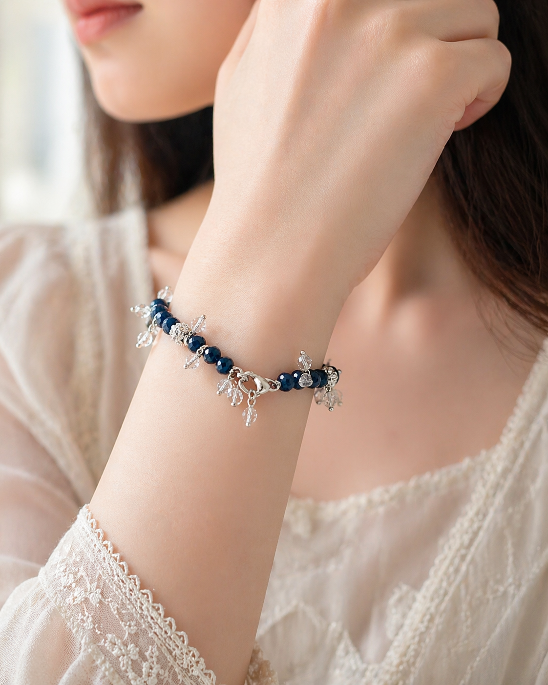 Handmade Blue Crystal Bangles Pair Set with Silver Charms – Matching Jewelry Gift for Women