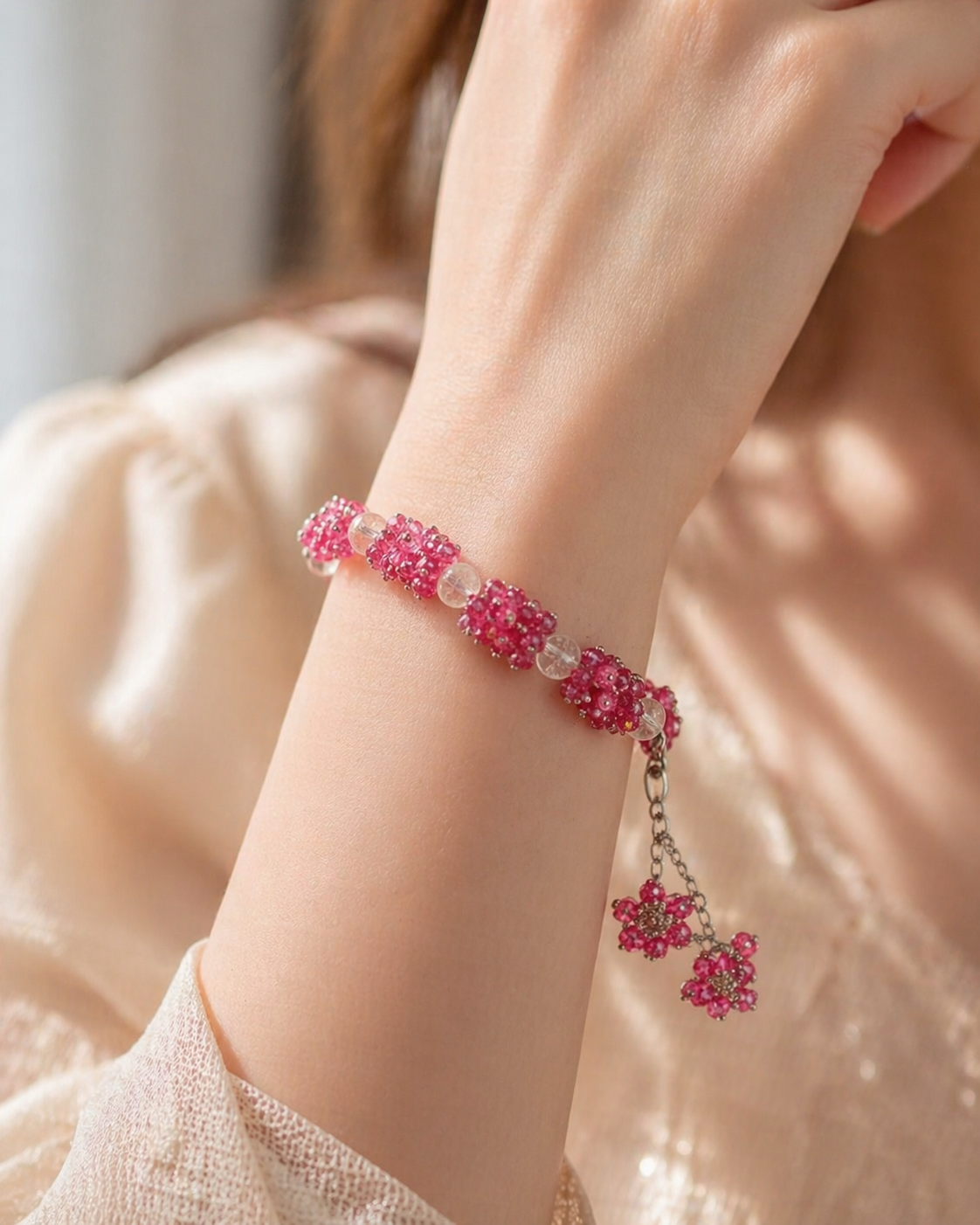 Handmade Pink Crystal Gajra Bracelet – Floral Beaded Jewelry for Women