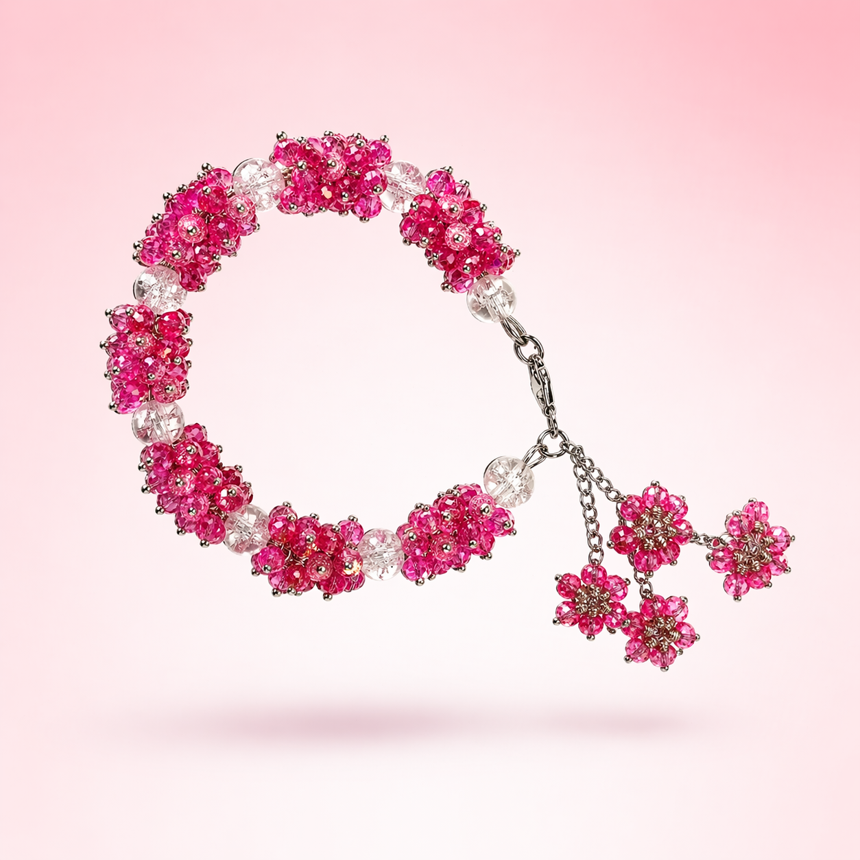 Handmade Pink Crystal Gajra Bracelet – Floral Beaded Jewelry for Women