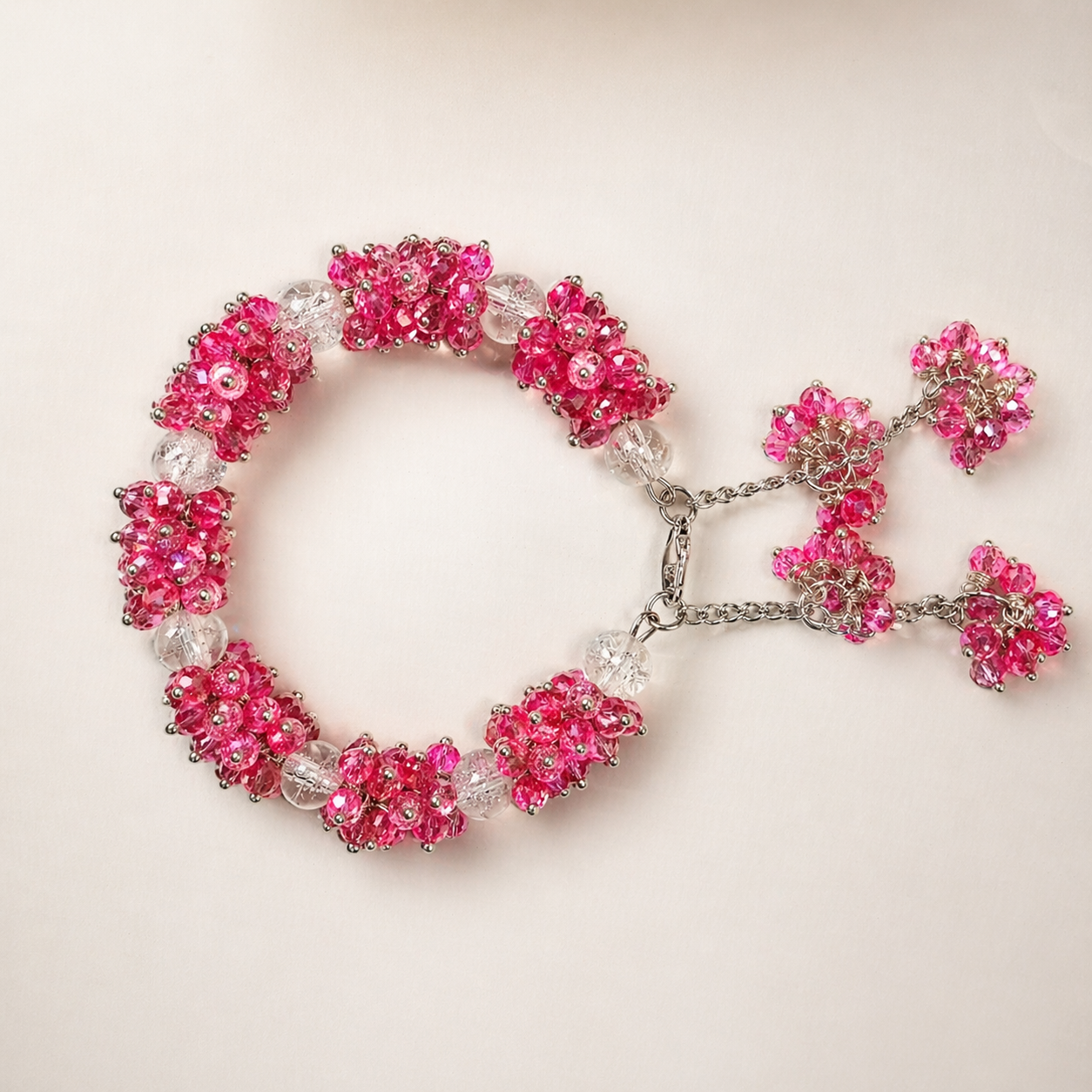 Handmade Pink Crystal Gajra Bracelet – Floral Beaded Jewelry for Women